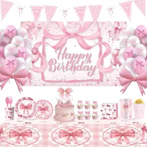Pink Bow Party Supplies Set - Includes Balloons, Tableware, and Decorations for a Festive Birthday Celebration