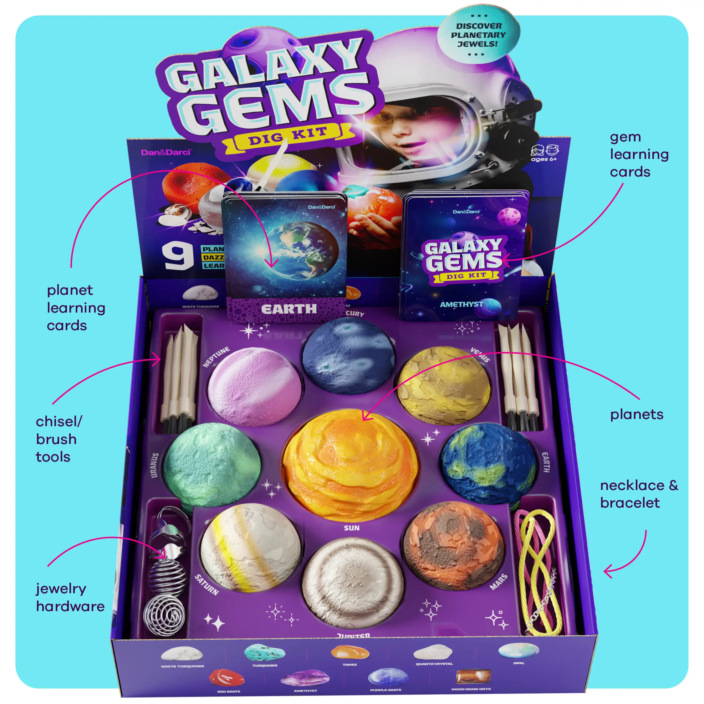 Galaxy Gem Dig Kit – Dig 9 Planets to Reveal Real Gems & Build Space Jewelry