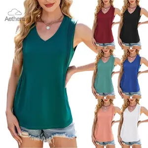 Aethera Women's 2026 Spring Summer V-Neck Pleated Loose Sleeveless Tank Top Casual Soft Tee Shirt Flowy Tunic Blouse for Daily Wear Office Vacation Streetwear Fashion