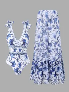 Women's All Over Floral Print Slim-Fit Tie Shoulder Backless One-Piece Swimsuit & Layered Ruffle Hem Cover-Up Skirt Set, Casual Fashion Chic Swimwear Set for Beach Holiday Vacation, Ladies Swimsuit for All Seasons, Beach Cover Ups, Swimwear Coverups