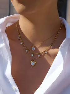 Classic 18K PVD Plated Gold Color Stainless Steel White Pigeon Egg Shaped Zircon Heart-Shaped Pendant Elegant Necklace For Women