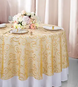 90" Seamless Round Embroidered Organza Tablecloth/Table Overlay - Gold (1pc)