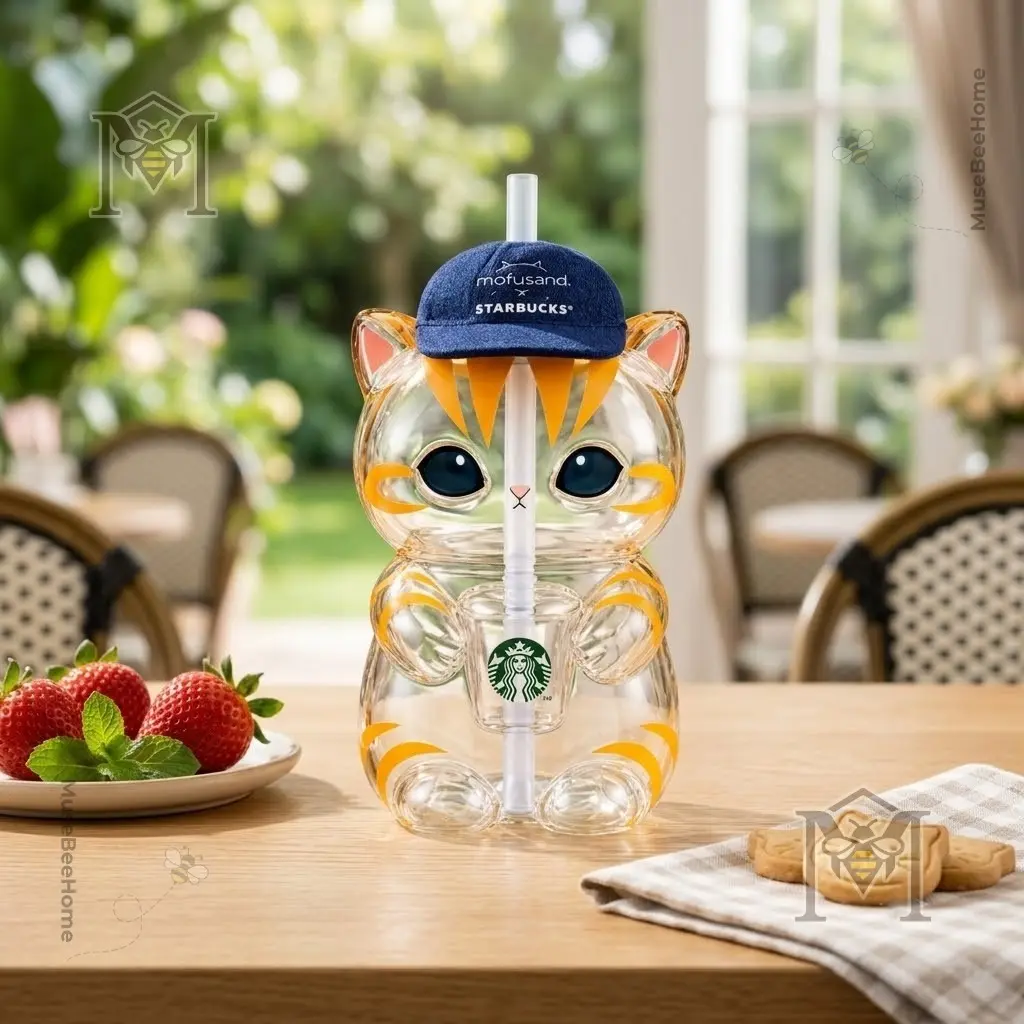 Mofusand Starbucks Cat Glass Cup 2026 Cute Cartoon Cat Tumbler Reusable Drinking Glass Collectible Gift for Cat Lovers
