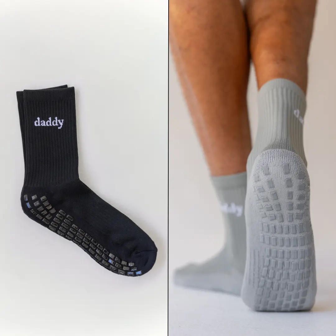 Daddy Crew Grip Socks 2-Pack (Black & Grey) Men's Socks for Pilates, Barre, Lagree