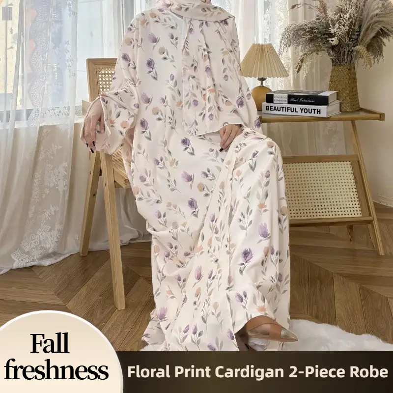 【FallFreshness】CL69 New Arrival Summer Women's Floral & butterfly Hijab Cardigan Two Piece Set Bat Sleeve Cropped Cuff Design Cool and Ventilated Ho