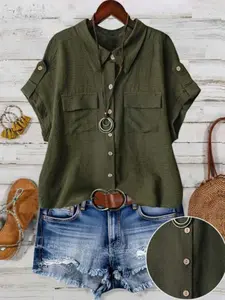 Women's Summer Casual Lapel Mock Button Pocket Short Sleeve Cardigan, Plus Size Fitted Plain Color Top, Comfortable and Stylish