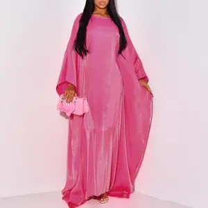 Middle Eastern Women's Solid Color Satin Large Swing Skirt with Bat Sleeves and Waist Cinching for Parties and Daily Outings