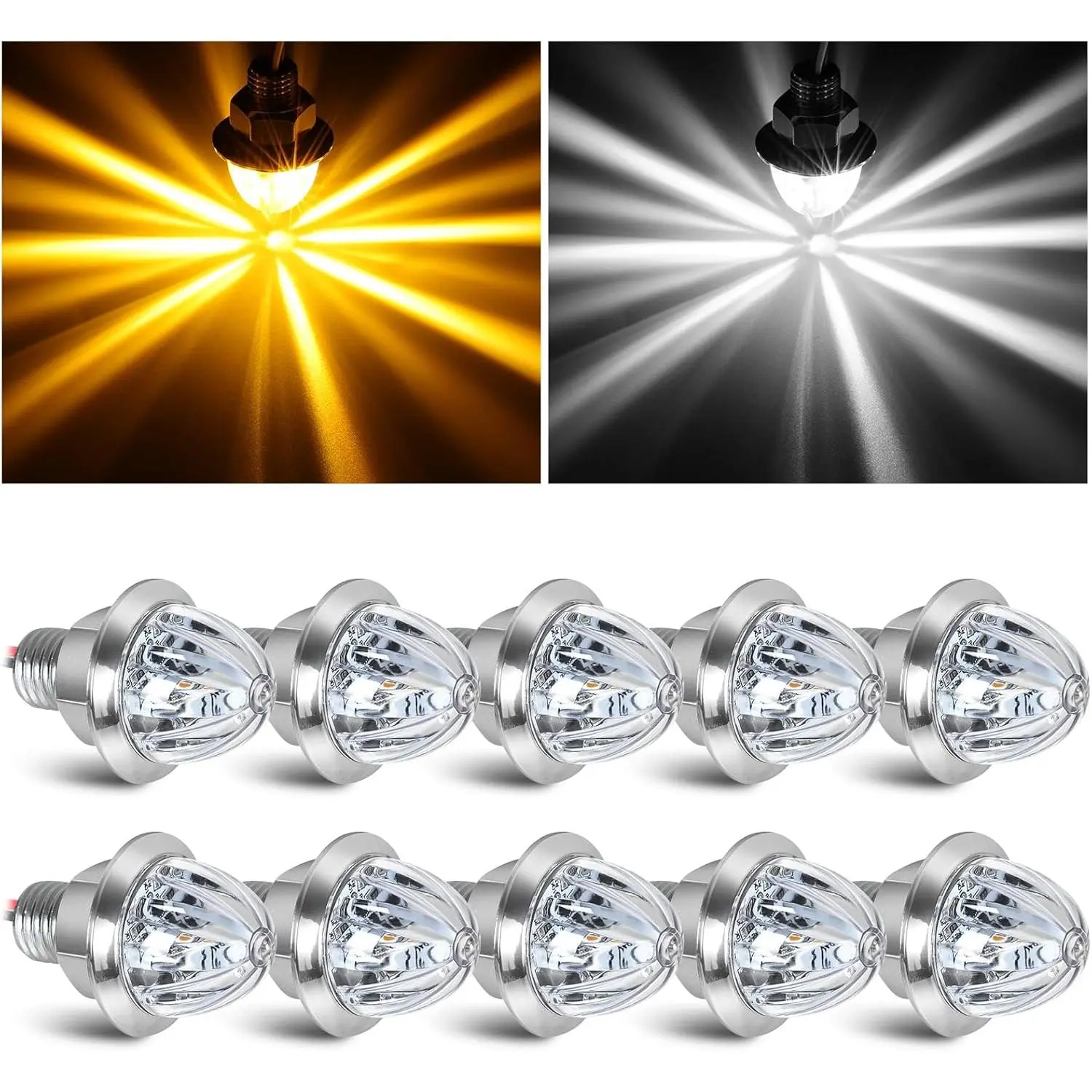 10PCS Mini Watermelon Car Lights - 3/4 Inch Dual Revolution Amber Turn Signals to White Auxiliary LED, IP65 Waterproof Side Clearance Tail Griller Lights for 12V Trailers, Offroad Car Lighting & Off Road Accessories