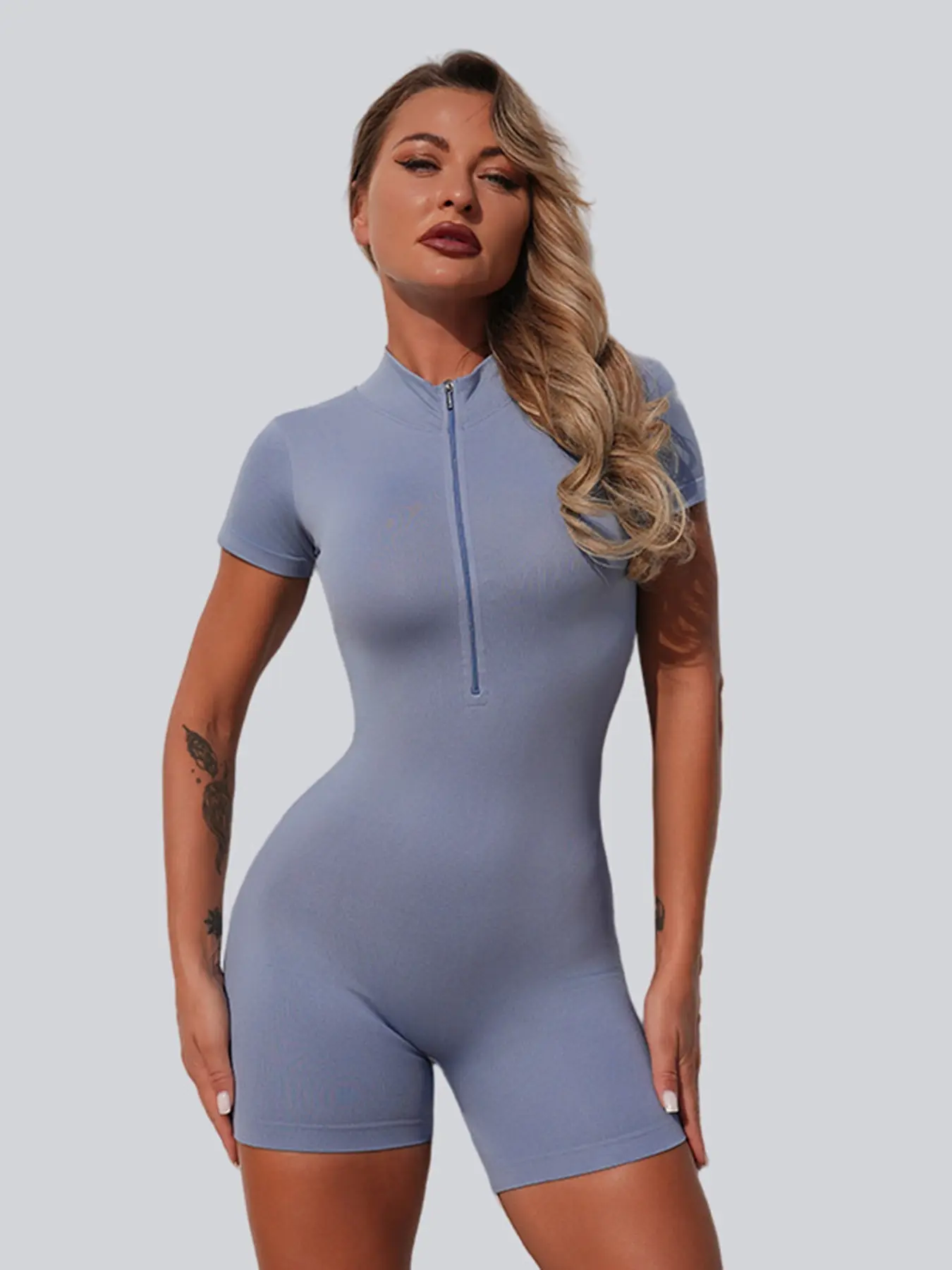 New Zipper Neck Moisture-Wicking Fitness Workout Activewear Jumpsuit Shorts, High Elasticity Waist Cinching Butt Lifting Sports Wear Zipper Shaping Jumpsuit