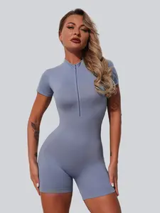 New Zipper Neck Moisture-Wicking Fitness Workout Jumpsuit Shorts, High Elasticity Waist Cinching Butt Lifting Sports Wear