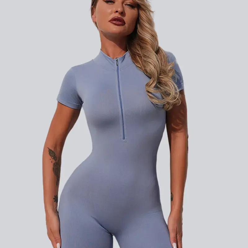 New Zipper Neck Moisture-Wicking Fitness Workout Activewear Jumpsuit Shorts, High Elasticity Waist Cinching Butt Lifting Sports Wear Zipper Shaping Jumpsuit, Sportswear Jumpsuits, Stretchy Sports Jumpsuit