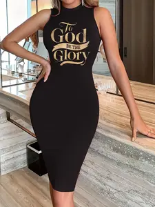 I8056g59 Summer Floral Print High Neck Sleeveless Midi Dress, Casual Tight-Fitting Bodycon Dress for All Seasons, Elegant Women's Womenswear