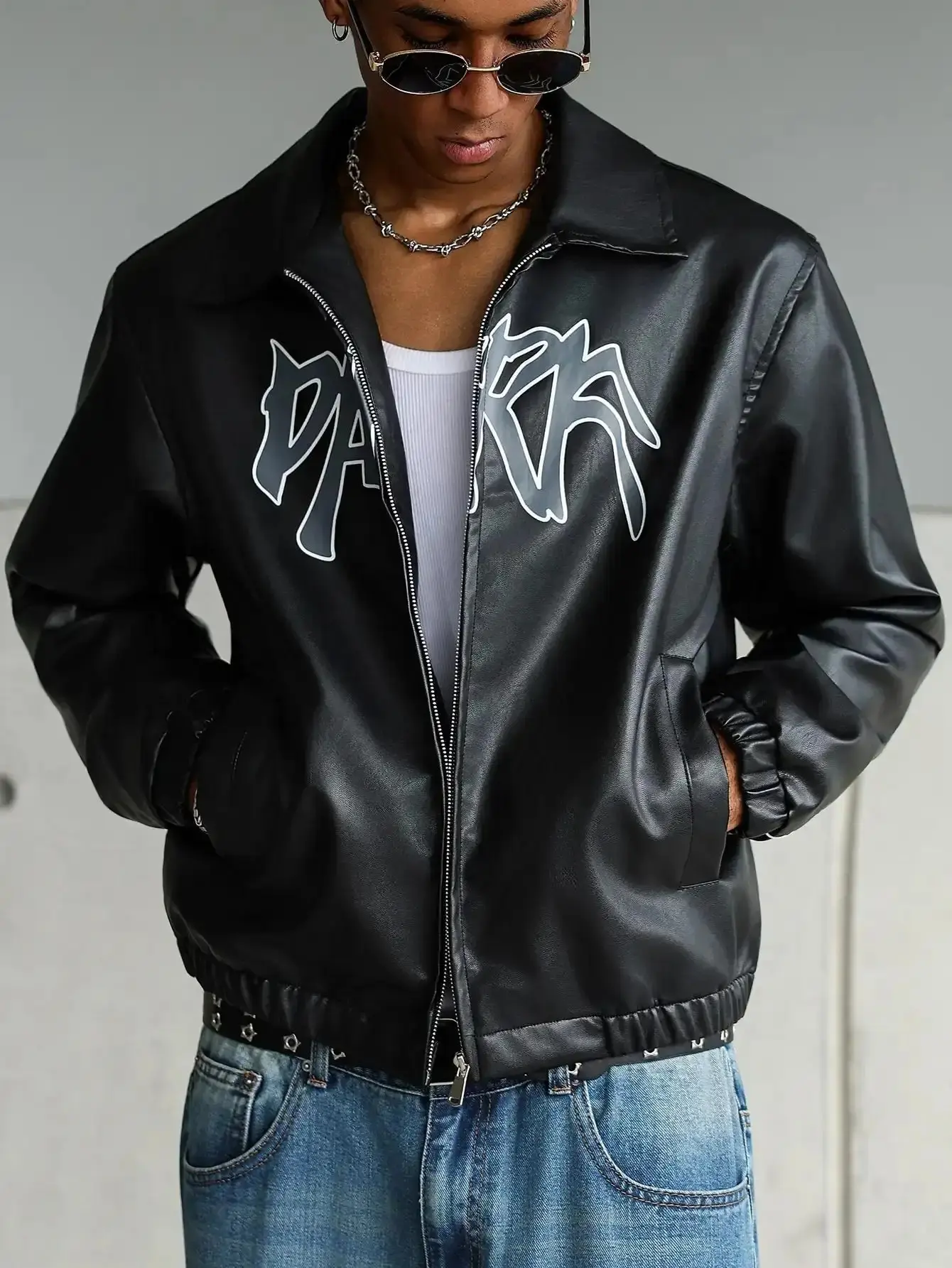 Bold Urban Statement Jacket with Retro Collar & Graphic Detailing