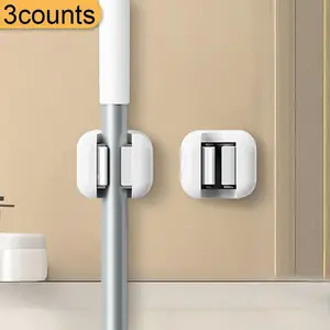 Wall Mounted Mop & Broom Holder, 3 Counts Self-adhesive Tool Organizer Clips, No-drill Storage Hanger for Home, Kitchen, Bathroom, Versatile Organizer