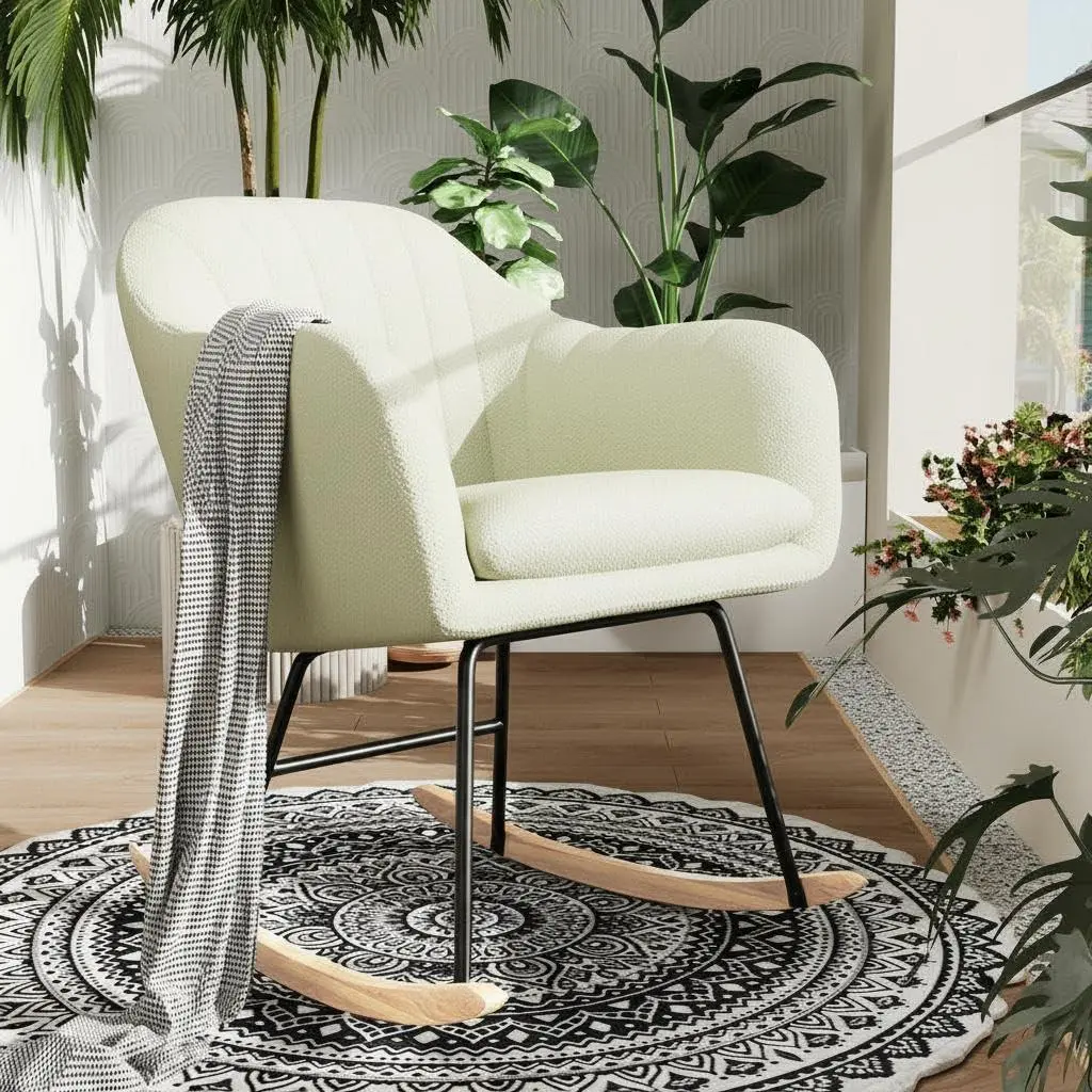 White Oversized Nursery Rocking Chair with Chenille Upholstery, Glider Rocker Armchair with Wood Legs and High Back, 350 Lbs Capacity, Modern Nursing Chair for Living Room Bedroom