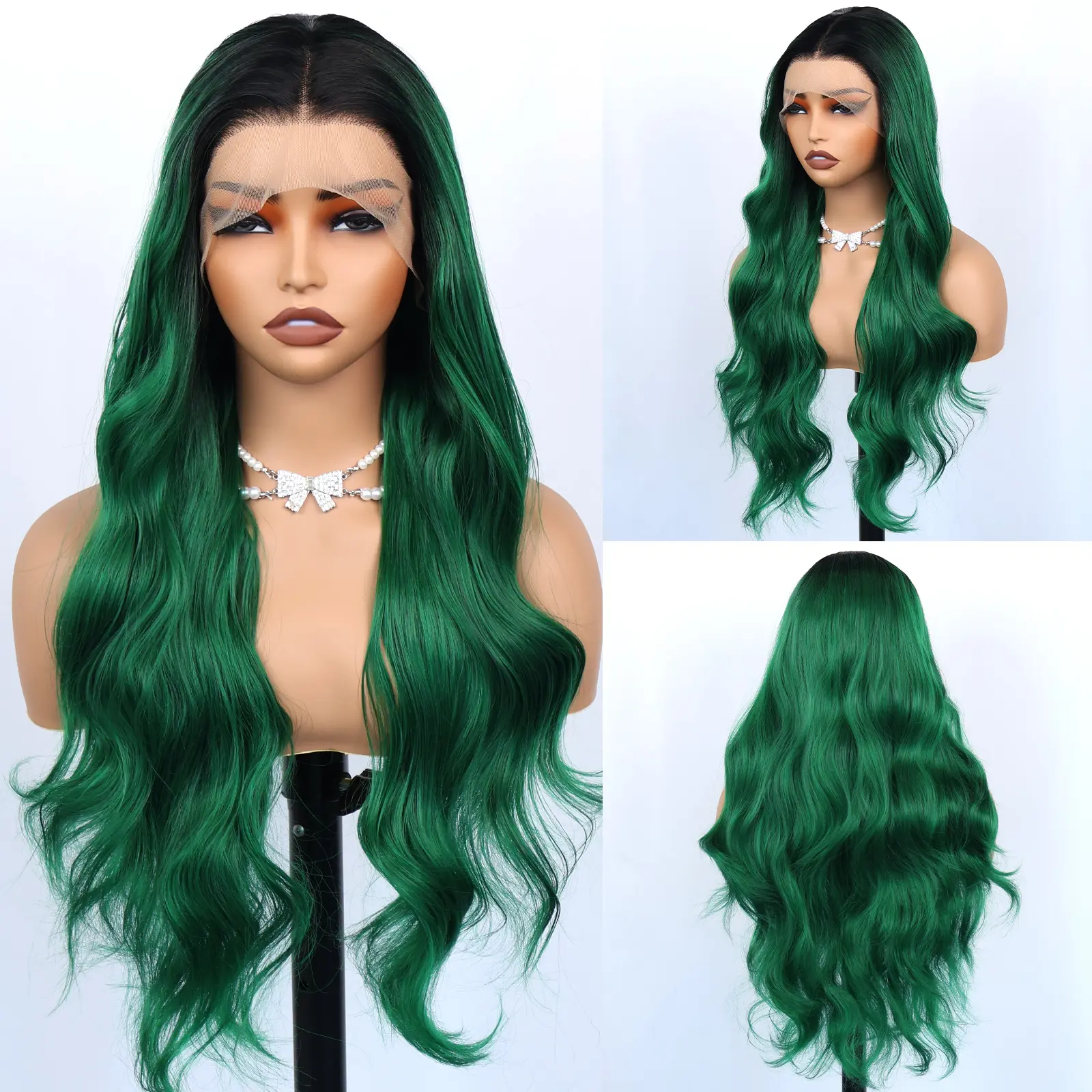 Aodbar hairs Ombre Dark Green Body Wavy Lace Front Wig Pre Plucked Natural Hairline 13*4 Transparent Lace Wig Glueless Hair Green Rooted Color Wavy Wig for Halloween, Cosplay and Daily Use 28 Inch