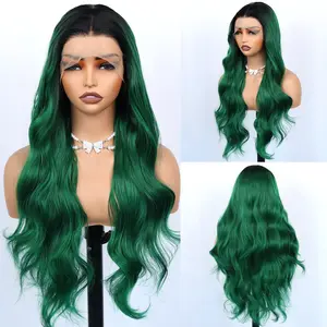Aodbar hairs Ombre Dark Green Body Wavy Lace Front Wig Pre Plucked Natural Hairline 13*4 Transparent Lace Wig Glueless Hair Green Rooted Color Wavy Wig for Halloween, Cosplay and Daily Use 28 Inch