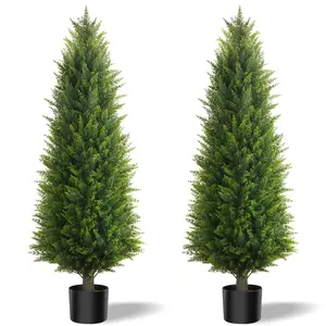 Set Of 2 Artificial Cedar Trees; An Ideal Mother's Day Gift Featuring Lush Foliage And A Lifelike Appearance. Suitable For Home Interiors, Outdoor Corridors, Entryway Accents, And Garden Decor—A High-Density, Realistic Potted Ornamental Piece.
