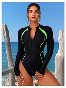 Athletic Rash Guard Swimsuit - Women's UV Protection One Piece Bathing Suit Black & Green - Long Sleeve Swimwear for Surfing, Swimming, Water Sports
