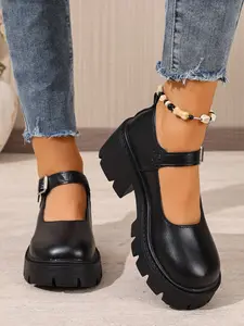 Vintage British Style Mary Jane Shoes for Women, Buckle Strap Thick Sole Platform, Casual Chain Print Loafers, Walking Shoes, All-Season Footwear
