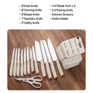 15Pcs White Kitchen Knife Set with Block, Ultra Sharp Stainless Steel Chef Knives Set, Non-Slip Handle, Rust-Proof Cooking Knives for Home, Bread Knife Scissors Included Anti-Rust Ergonomic Craftsmanship Self-Sharpening