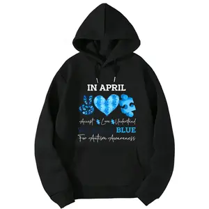 Support Autism Awareness Hoodie – April Blue Theme with Puzzle Heart and Hand Gesture Graphic