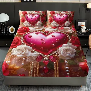 Three pieces luxurious pearl and gemstone hearts Print Bed Sheet Set (1 Fitted + 2 Pillowcases), Casual Style, High-Quality Printing, Bedroom or Guest Room Use