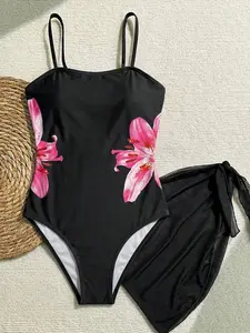 Teen Girls' Floral Cutout One-Piece Swimsuit With Mesh Details, Stylish Beach Vacation Wear