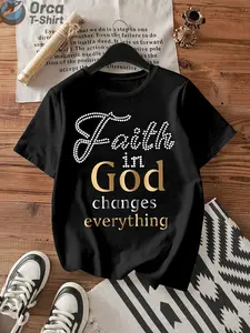 God Prayer Faith Creative Pattern Printed Women'S T-Shirt, Suitable for Spring And Summer Casual Women'S Short-Sleeved T-Shirt, Comfortable, Fashionable And Elegant Women'S Round-Neck Loose Women'S Top Classic Three-Color 1pc 100% Pure