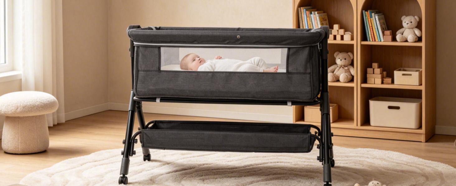 【SummerVibes】 Portable Baby Bed 6-in-1 - Foldable Crib w/ 6 Height Adjustments, Bedside Sleeper, Rocker & Bassinet + Storage Basket & Mattress & Ultra-Quiet Wheels , Nursery Must-Have Folding Sleeping Cot