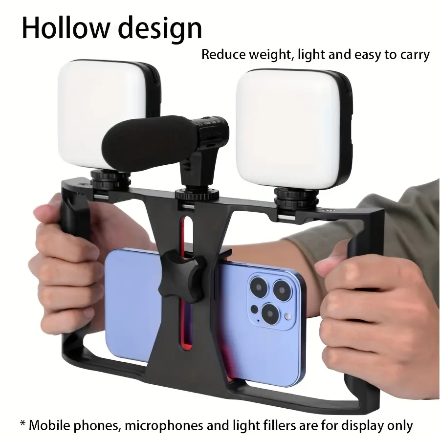 Professional Smartphone Stabilizer with Extendable Microphone & Fill Light - Anti-Shake Handheld Rig for Vlogging, Photography, and Video Accessories, ABS Material, Black with Red Accents, Phone Stabilizer for Video Recording