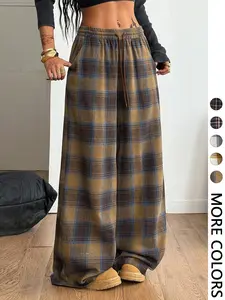 Women's Casual Plaid Loose Long Pants, Fitted H-Type Design, All Seasons Wear, Comfortable and Stylish, Perfect for Daily Use