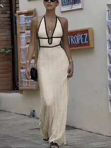 FOR BEAUTY Summer Y2K Women Sweater Dresses Halter Neck Backless Knit Maxi Dress Waist Cinched Boho Beach Vacation Festival Resort Wear Casual