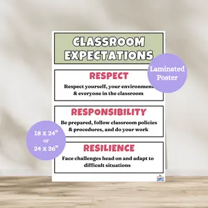 Classroom Expectations Anchor Chart | Laminated Classroom Rules Poster | Respect Responsibility Resilience  | Mindset Posters