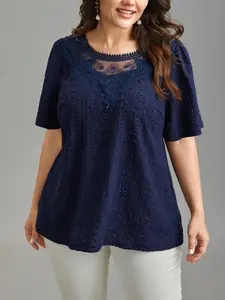 Plus Size Women's Summer Casual Lace Patchwork Fitted Knit Short Sleeve Top, Round Neck Solid Plain Color Tee Shirt, Comfortable Fashion Clothing
