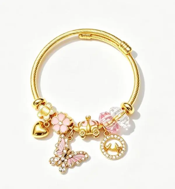 Gold Twisted Wire Open Cuff Charm Bangle Bracelet, Dual Pink & Blue Enamel Butterfly Car Flower Heart Crystal Pendant Adjustable Stackable Jewelry Gift for Women Teen Girls