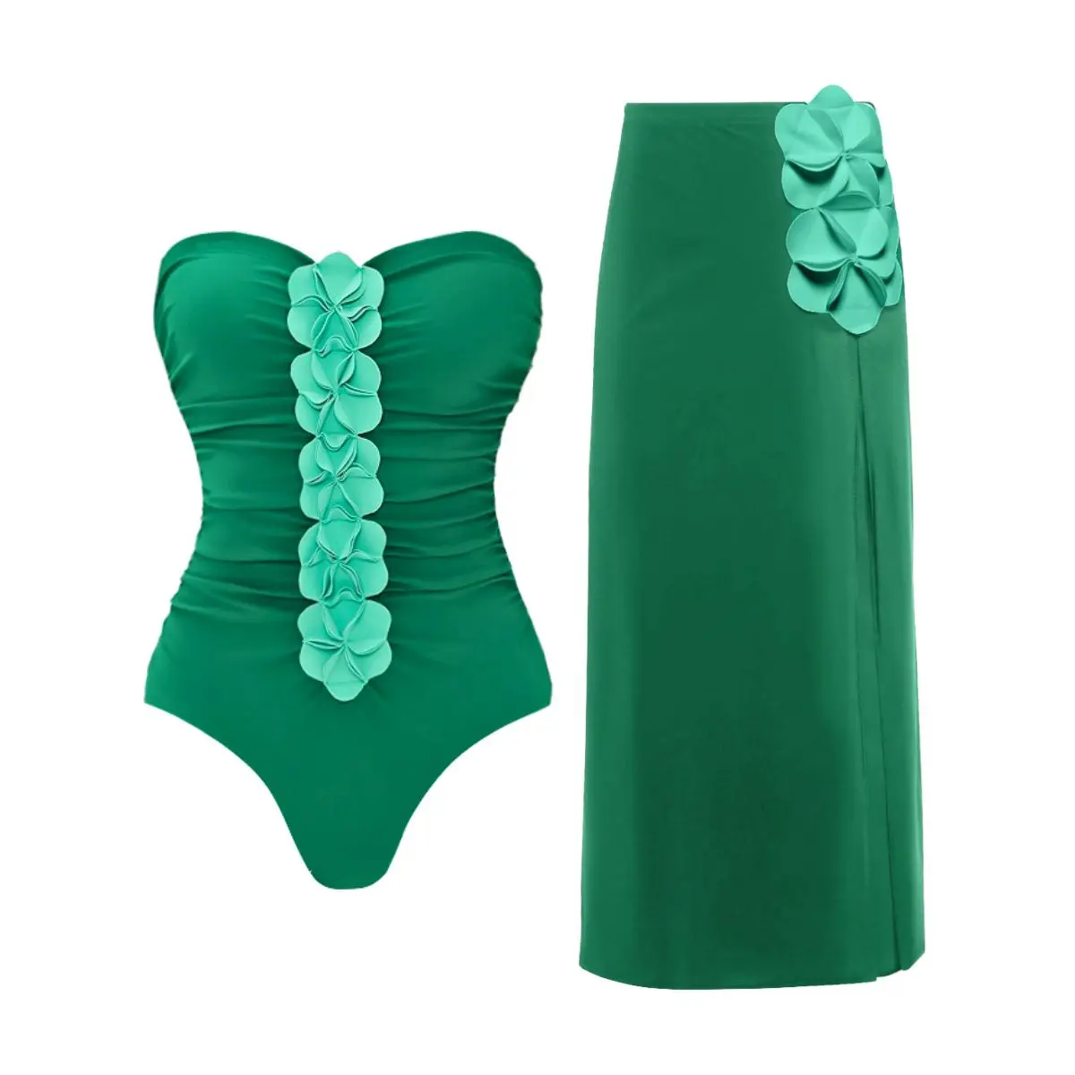 Women's 3D Flower Bandeau One-Piece Swimsuit & Skirt Set - Black & White Two Piece Bathing Suit for Stylish Beach & Vacation Women's 3D Flower Bandeau One-Piece Swimsuit & Skirt Set - Black & White Two Piece Bathing Suit for Stylish Beach & Vacation