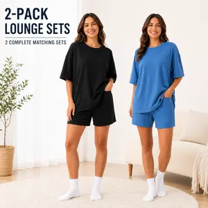 Women's 2-Pack 2 Piece Ribbed Knit Lounge Sets, Oversized Short Sleeve Tops and Matching Shorts, Casual Summer Outfit Bundle, Comfy Pajama Sets for Home, Travel, Daily Wear