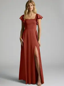 Azazie Bondi A-Line Square-Neck Bow Flutter-Sleeve Bridesmaid Wedding Guest Satin Dress