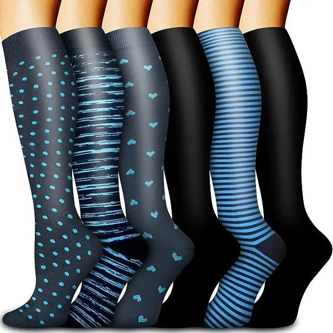 6 pairs of fashionable elasticated long stockings, including striped and floral-patterned knee-length stockings.These are moisture-wicking and breathable sports stockings, suitable for exercise, yoga and daily wear.