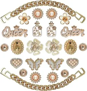 Bling Shoe Charms for Girls and Women, Girly Gold Shoe Charms for Crocs, 24 PCS Glitter Shoe Charms Bulk, Shoe Chains Shoe Pins, Shoe Accessories, Rhinestones Shoe Decoration