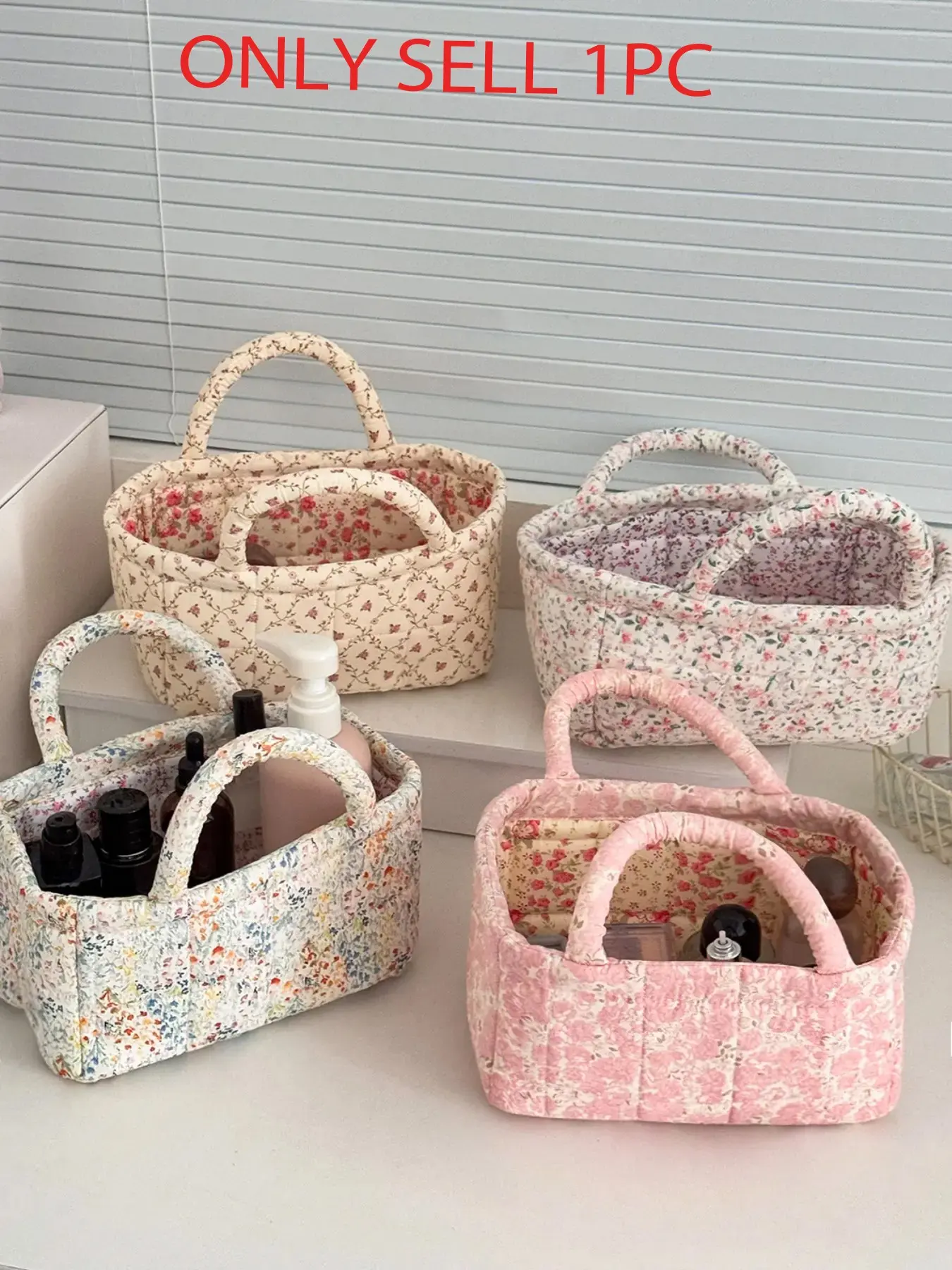 Floral Quilted Decorative Storage Basket with Handles, Aesthetic Fabric Organizer Tote for Cosmetics & Sundries, Cute  Storage Bin for Bathroom, Vanity & Home Use, Flower, Organizing Baskets
