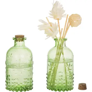 Embossed Green Glass Small Reed Diffuser Bottle with Cork Lid, Decorative Flower Bud Vase, Set of 2