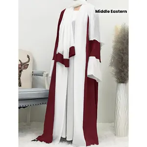 Ramadan Middle Eastern Women's Long Robe with Patchwork Chiffon Kaftan Dress (Includes Headscarf)