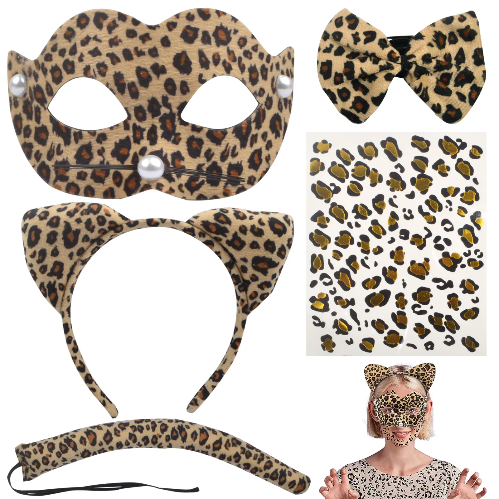 Leopard Costume Set, Cheetah Cat Ears Headband Bow Tie Tail and Golden Leopard Print Face Tattoo Sticker Masquerade Mask for Birthday Halloween Cosplay Dress Up Party Accessories