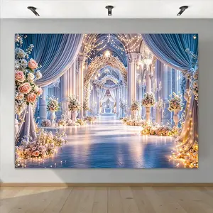 Wedding Themed Backdrop, 1 Count Romantic Rose & Church Pattern Backdrop, Decorative Painting for Home Living Room & Bedroom, Banners