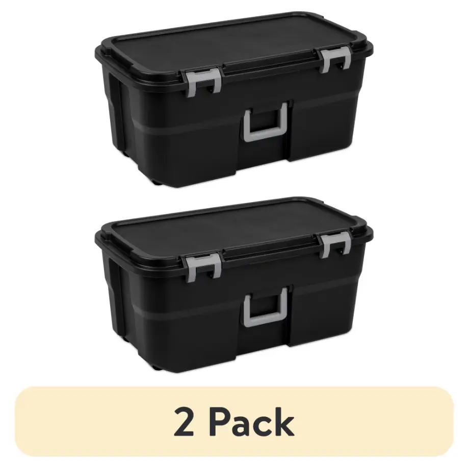 (2 pack) Sterilite 22 Gallon Large Wheeled Footlocker, Heavy Duty Plastic Storage Trunk Container, Lockable with Wheels and Handle, Black