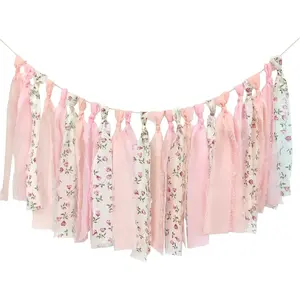 Pink Floral Tsaasel Garland for Wedding Spring Tea Party Haning Chiffon Tassel Banner Table Decor