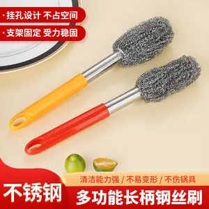 Stainless steel long-handled pot brush, household cleaning brush, steel wool ball for washing pots and dishes, specialized kitchen cleaning tool