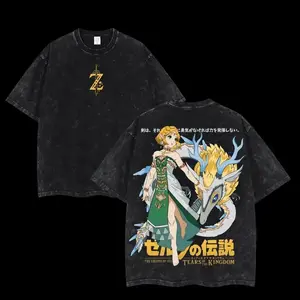Men's Legend of Zelda Double-Printed Oversized Unisex Acid-Washed Lightweight Round Neck Shortsleeve Ribbed Seamless Soft Cotton Graphic T-Shirt, Link to the Past Menswear Streetwear